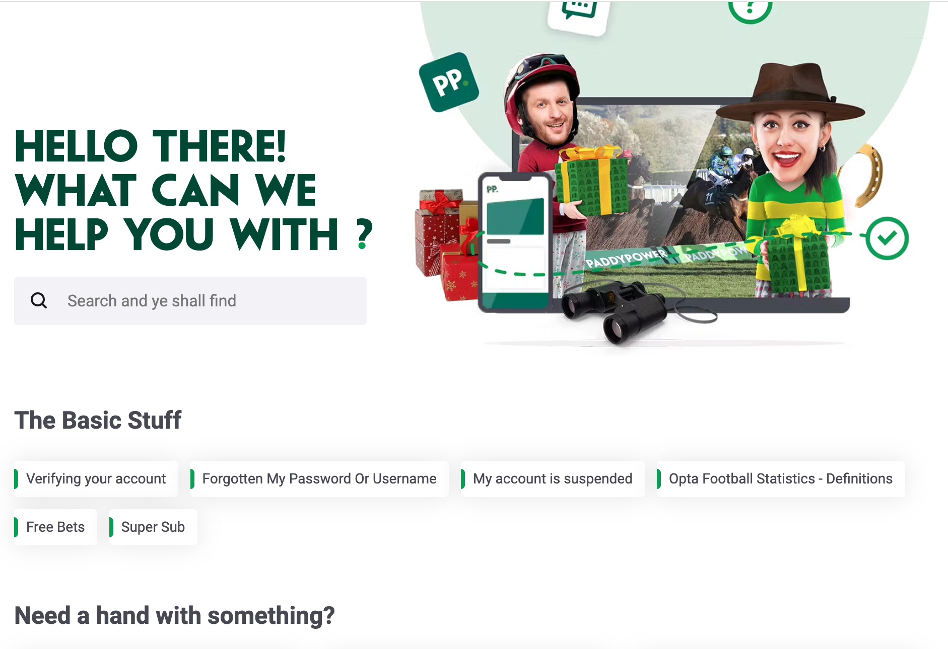 Paddy Power's help centre homepage, with a search tool, FAQs and a more comprehensive set of categories below